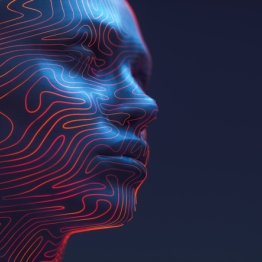 A digital 3D rendering of a human face in profile, illuminated in blue with glowing red contour lines, symbolizing identity, data, and cybersecurity in the age of AI.
